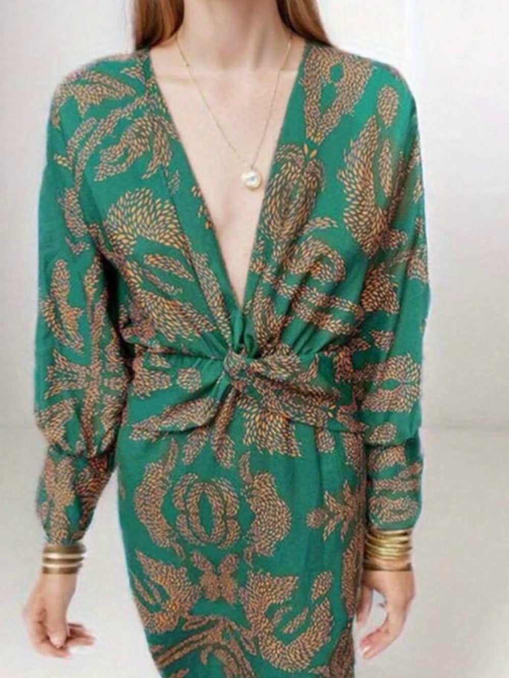 Green and Gold Deep V Tie-Waist Dress